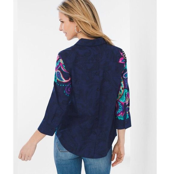 Chico's No Iron Shirt Size 1 Size 8 Blue With Vibrant Paisley Print - Picture 2 of 16